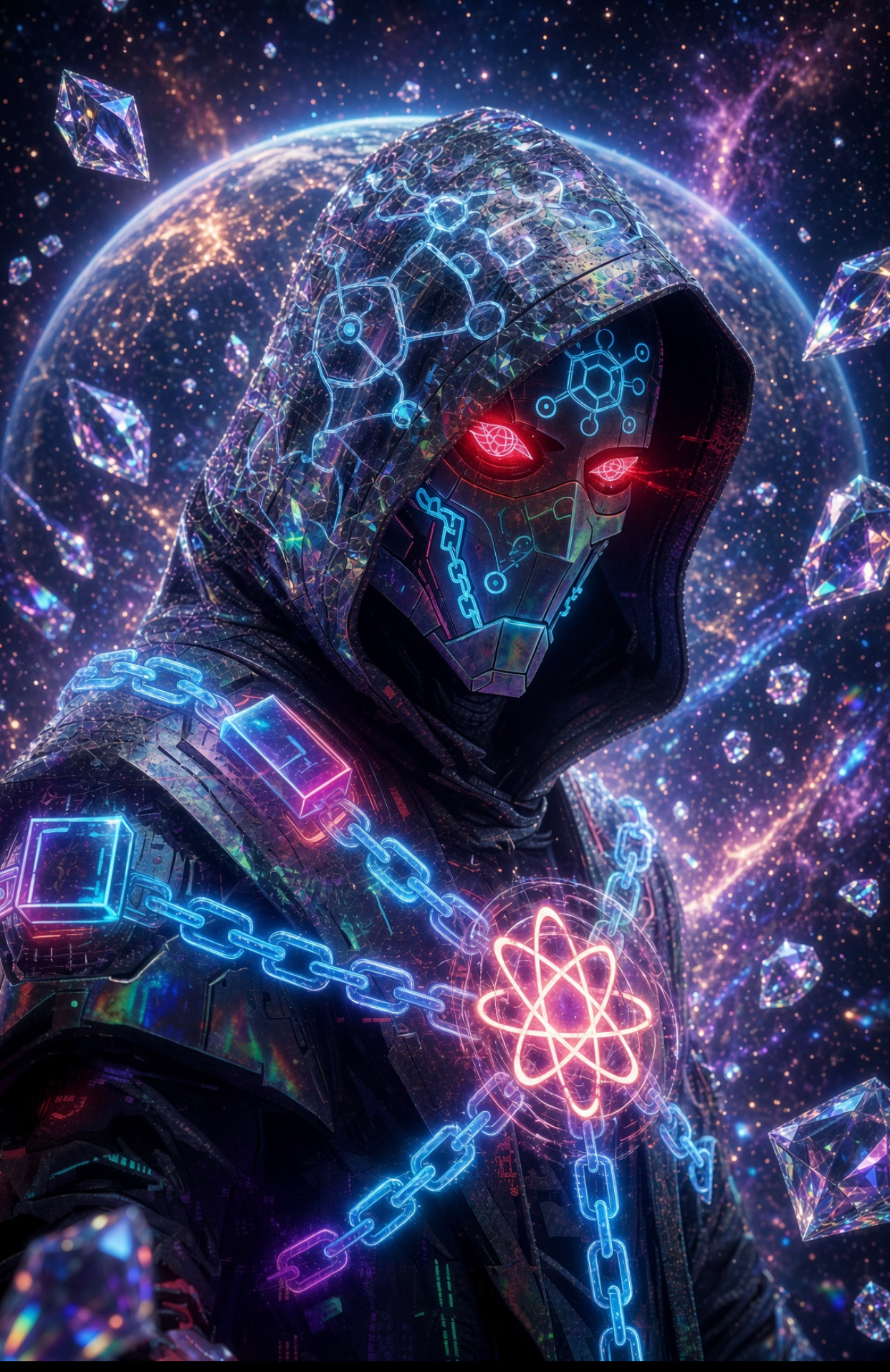 Hooded crystalline cybernetic character with luminous circuitry and red eyes, framed by a planet and floating crystals