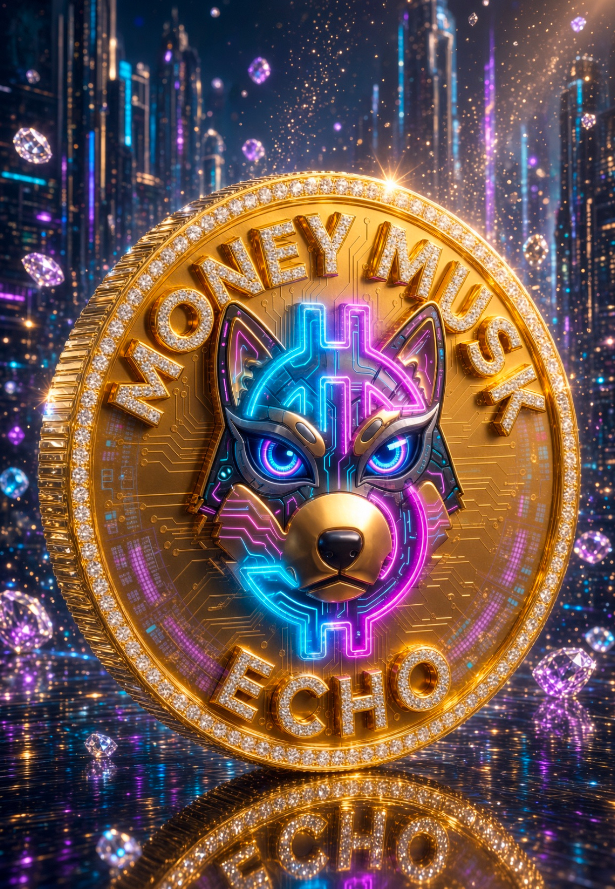 Gold Money Musk Echo concept coin with a neon cybernetic wolf, diamond rim and futuristic city backdrop